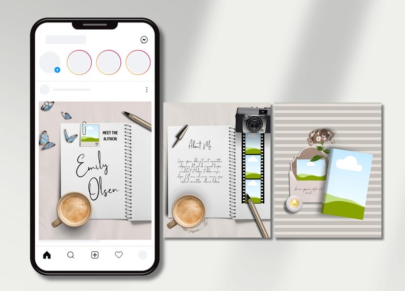 Op de afbeelding: Een smartphonescherm met een social media bericht met drie vierkante afbeeldingen van een spiraalnotitieboek, een kop koffie, een pen, vlinders, een camera, filmstrips, een boek en een envelop met tekst inclusief Emily Olsen.