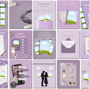 May include: A collection of purple-themed digital art pieces, each featuring a unique design. Elements include book covers, quotes, and illustrations, with text such as "HELLO, READER" and "BOOK PLAYLIST". The overall aesthetic is soft and inviting, perfect for book lovers.