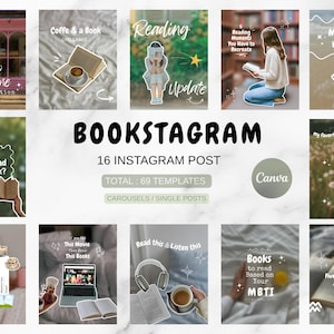 May include: A set of 16 Instagram post templates for book-related content, with the word "BOOKSTAGRAM" prominently displayed. The templates feature images of books, coffee, and reading. There are 69 templates in total, designed for carousels and single posts.