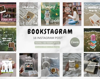 Könnte beinhalten: Eine Sammlung von 16 Instagram-Post-Vorlagen für Buchliebhaber, mit dem Wort "BOOKSTAGRAM" in großen Buchstaben. Die Vorlagen zeigen Bilder von Büchern, Kaffee und Themen rund ums Lesen. Insgesamt gibt es 69 Vorlagen.