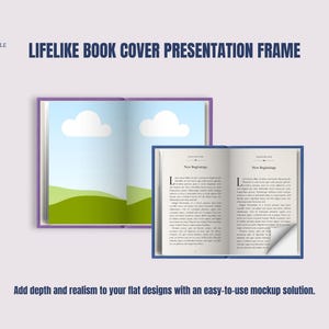 May include: An open book mockup with a blue cover and a purple cover, displaying pages with text. The background features a sky with clouds and green hills. Text on the image reads "LIFELIKE BOOK COVER PRESENTATION FRAME" and "Add depth and realism to your flat designs with an easy-to-use mockup solution."