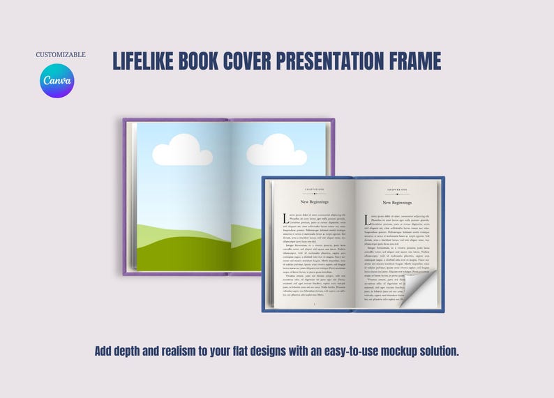 May include: An open book mockup with a blue cover and a purple cover, displaying pages with text. The background features a sky with clouds and green hills. Text on the image reads "LIFELIKE BOOK COVER PRESENTATION FRAME" and "Add depth and realism to your flat designs with an easy-to-use mockup solution."