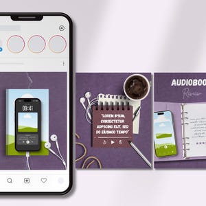 Pu&ograve; includere: Un display digitale che mostra tre modelli quadrati per post sui social media su uno sfondo viola. I design includono uno smartphone, auricolari bianchi con filo, un taccuino con il testo Lorem Ipsum, una tazza di caff&egrave; e un'agenda color lavanda.