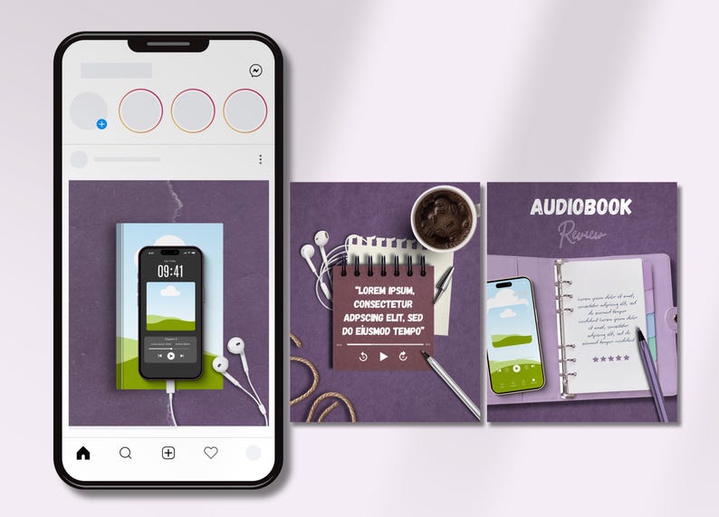 Pu&ograve; includere: Un display digitale che mostra tre modelli quadrati per post sui social media su uno sfondo viola. I design includono uno smartphone, auricolari bianchi con filo, un taccuino con il testo Lorem Ipsum, una tazza di caff&egrave; e un'agenda color lavanda.