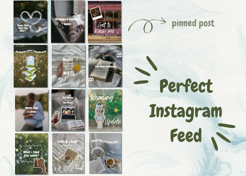 May include: A collection of Instagram post graphics with book-related themes. The posts include text such as "Books That Steal My Heart," "Grumpy x Sunshine Books," and "Perfect Instagram Feed." The overall aesthetic is soft and inviting.