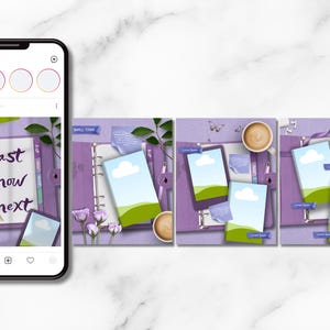 May include: A digital display of a purple planner template featuring four square images. The planner pages show the text "last now next" and various landscape illustrations with clouds, green hills, coffee cups, and purple flowers on a purple background.