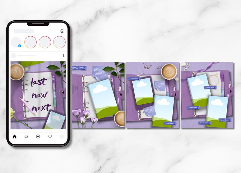 May include: A digital display of a purple planner template featuring four square images. The planner pages show the text "last now next" and various landscape illustrations with clouds, green hills, coffee cups, and purple flowers on a purple background.