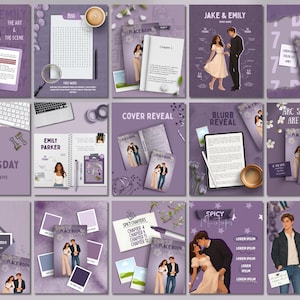 May include: A collection of fifteen purple-themed digital marketing templates for book promotion. The designs feature illustrations of a couple, book covers titled Place Book, text overlays like Cover Reveal and Blurb Reveal, and various stationery items.