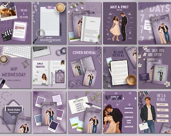 May include: A collection of fifteen purple-themed digital marketing templates for book promotion. The designs feature illustrations of a couple, book covers titled Place Book, text overlays like Cover Reveal and Blurb Reveal, and various stationery items.