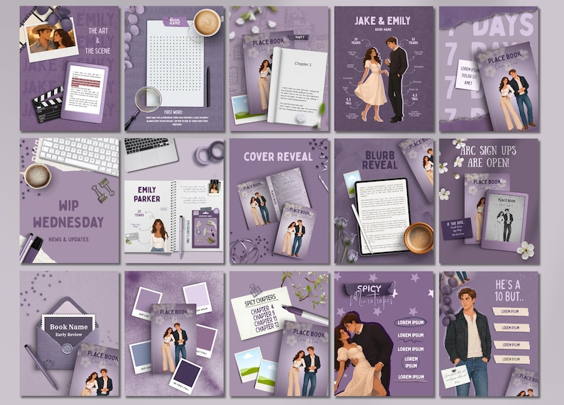 May include: A collection of fifteen purple-themed digital marketing templates for book promotion. The designs feature illustrations of a couple, book covers titled Place Book, text overlays like Cover Reveal and Blurb Reveal, and various stationery items.