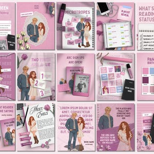 Könnte beinhalten: Eine Sammlung von fünfzehn digitalen Social-Media-Vorlagen in Rosatönen mit illustrierten Charakteren, Platzhaltern für Buchcover und Textelementen wie 'The Has-Been', 'Microtropes', 'Two Truth and a Lie' und 'Pantone Birth Chart'.