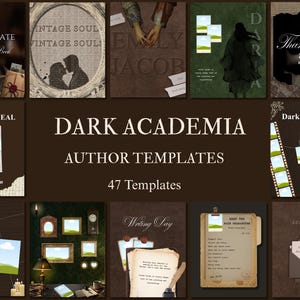 Puede incluir: Un conjunto de 47 plantillas de autor Dark Academia, con temas vintage y románticos. Las plantillas incluyen portadas de libros, publicaciones en redes sociales y tarjetas de citas, todo en una paleta de colores marrón oscuro.