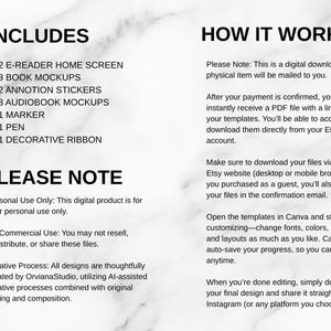 May include: Digital download product details on a white marble background. Includes e-reader home screen, book mockups, annotation stickers, audiobook mockups, a marker, pen, and decorative ribbon. Instructions on how to access and customize the templates are also included.