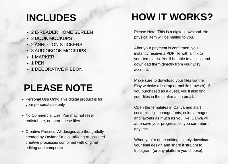 May include: Digital download product details on a white marble background. Includes e-reader home screen, book mockups, annotation stickers, audiobook mockups, a marker, pen, and decorative ribbon. Instructions on how to access and customize the templates are also included.