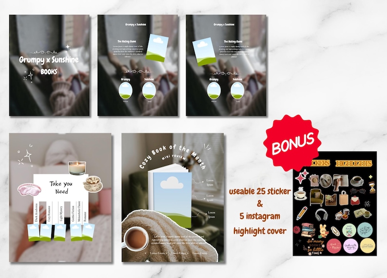 May include: A collection of digital graphics for social media, including book covers, stickers, and highlight covers. The image features the text "Grumpy x Sunshine BOOKS", "Cozy Book of the Month", and "Take you Need". A red "BONUS" sticker is also included.