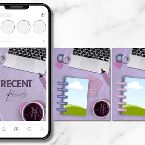 May include: A smartphone screen displaying a social media post with the text RECENT Reads, featuring a laptop, a cup of dark liquid, and stationery on a purple surface. Next to it are two square images showing a notebook with a landscape illustration.