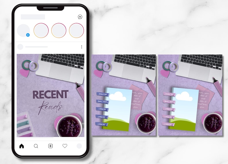 May include: A smartphone screen displaying a social media post with the text RECENT Reads, featuring a laptop, a cup of dark liquid, and stationery on a purple surface. Next to it are two square images showing a notebook with a landscape illustration.