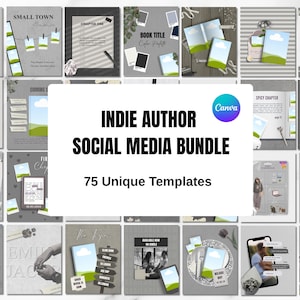 May include: A bundle of 75 social media templates for indie authors. The templates feature various designs with images, text, and graphics. The color scheme is primarily grayscale with accents of green and blue. The Canva logo is visible.