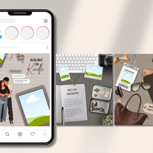 Op de afbeelding: Een smartphonescherm met een social media feed met drie panelen. De eerste toont een illustratie van een koppel en de tekst Available on Kindle. De tweede toont een toetsenbord, notitieboek en blik. De derde toont een tas en diverse accessoires.