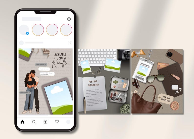 Op de afbeelding: Een smartphonescherm met een social media feed met drie panelen. De eerste toont een illustratie van een koppel en de tekst Available on Kindle. De tweede toont een toetsenbord, notitieboek en blik. De derde toont een tas en diverse accessoires.