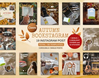 May include: A collection of 19 Autumn Bookstagram templates with 58 total templates, plus bonus highlight covers and stickers. The design features fall-themed imagery, including leaves, coffee, books, and pumpkins. Perfect for social media content.