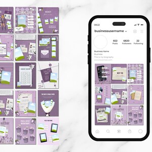 May include: A collection of purple social media templates with floral accents and the text "COMING SOON" and "the author." A smartphone displays a social media profile. The templates feature images and text.