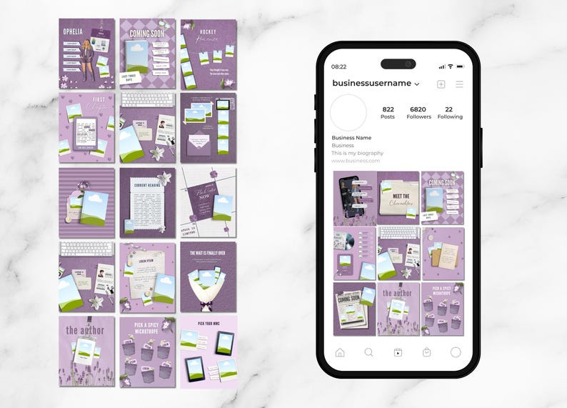 May include: A collection of purple social media templates with floral accents and the text "COMING SOON" and "the author." A smartphone displays a social media profile. The templates feature images and text.