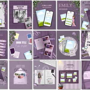 Op de afbeelding: Een verzameling paars getinte promotiegraphics voor een boeklancering. De afbeeldingen bevatten mockups van een boekomslag, telefoonschermen en moodboards. Tekst bevat "Launch Day", "Book Title" en "Preorder Now".