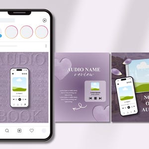 Pu&ograve; includere: Lo schermo di uno smartphone mostra un feed social con tre grafiche quadrate su sfondo viola. Le grafiche contengono testo, tra cui AUDIO BOOK, AUDIO NAME review e NOW ON AUDIO, insieme a icone di smartphone e forme a cuore.