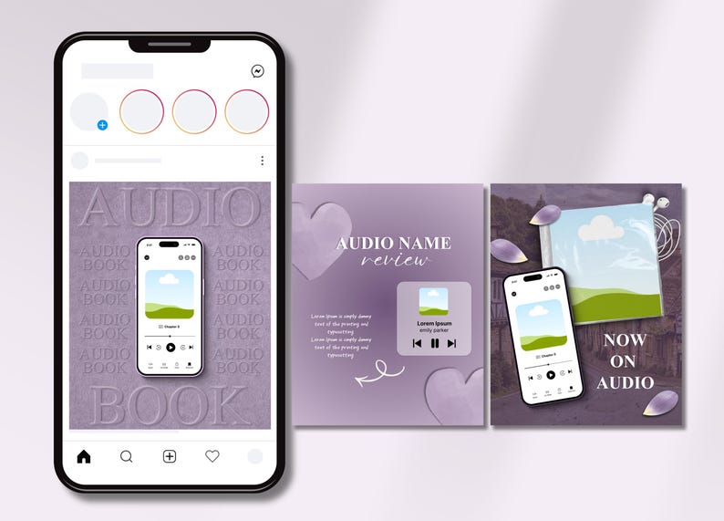 Pu&ograve; includere: Lo schermo di uno smartphone mostra un feed social con tre grafiche quadrate su sfondo viola. Le grafiche contengono testo, tra cui AUDIO BOOK, AUDIO NAME review e NOW ON AUDIO, insieme a icone di smartphone e forme a cuore.