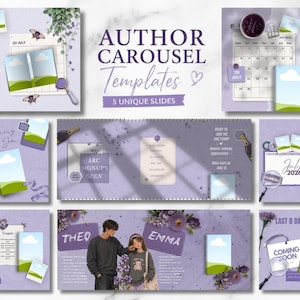 May include: A set of purple Author Carousel Templates, featuring 5 unique slides. The design incorporates illustrations, text, and images, with the words "AUTHOR CAROUSEL Templates" displayed. The templates include a calendar, photos, and the text "Coming Soon".