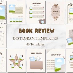 Könnte beinhalten: Eine Sammlung von 40 Instagram-Vorlagen für Buchbesprechungen. Die Vorlagen zeigen eine weiche, neutrale Farbpalette mit Illustrationen von Büchern, Wolken und grünen Hügeln. Der Text enthält "Book Review", "Coming Soon" und "Quick Review".