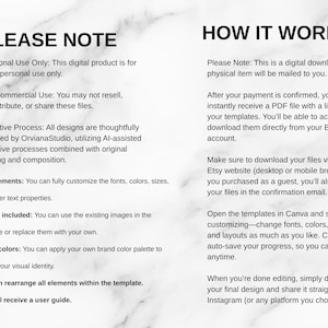 May include: Digital download information sheet with the headings "PLEASE NOTE" and "HOW IT WORKS?" on a white and gray marble background. The text describes the product's usage, customization options, and download instructions.