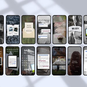May include: A collection of fourteen smartphone screens displaying various digital marketing templates for book promotions, featuring text overlays, calendar dates, book cover reveals, and social media style layouts in a mix of black, white, and neutral tones.