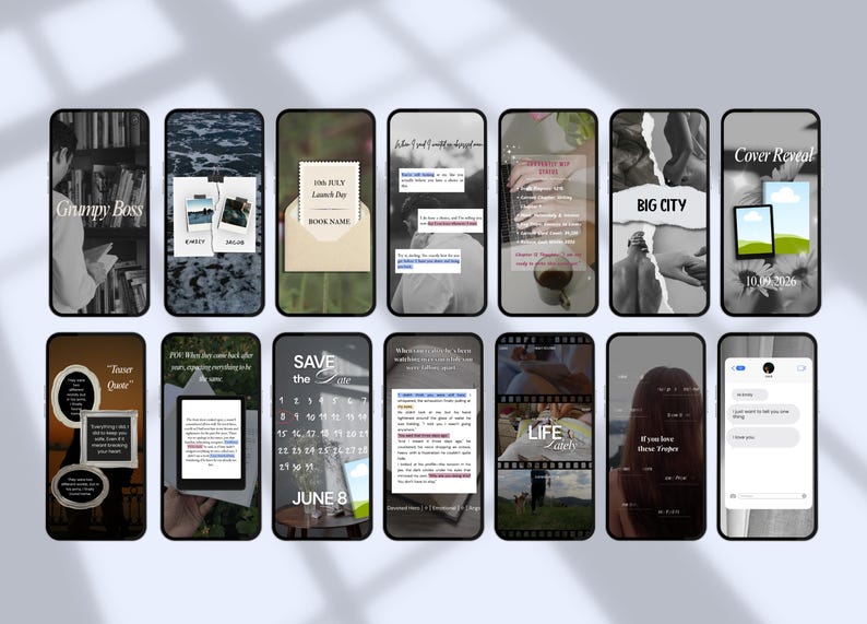 May include: A collection of fourteen smartphone screens displaying various digital marketing templates for book promotions, featuring text overlays, calendar dates, book cover reveals, and social media style layouts in a mix of black, white, and neutral tones.