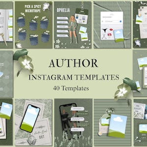 Könnte beinhalten: Eine Sammlung von 40 Instagram-Vorlagen für Autoren, die verschiedene Designs mit Buchmotiven zeigen, darunter offene Bücher, Smartphones und florale Akzente. Die Vorlagen sind in Grün- und Weißtönen gehalten.