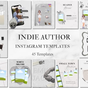 Puede incluir: Un conjunto de 12 plantillas de Instagram para autores independientes, con diversos diseños que incorporan texto y gráficos. Las plantillas incluyen diseños para recordatorios de lectores, reseñas, listas de reproducción y más. El texto "INDIE AUTHOR INSTAGRAM TEMPLATES" y "45 Templates" son visibles.