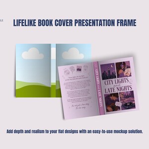 May include: A mockup of an open book with a cover design titled "City Lights and Late Nights." The book's pages show a landscape with clouds and green hills. The text "LIFELIKE BOOK COVER PRESENTATION FRAME" is displayed.