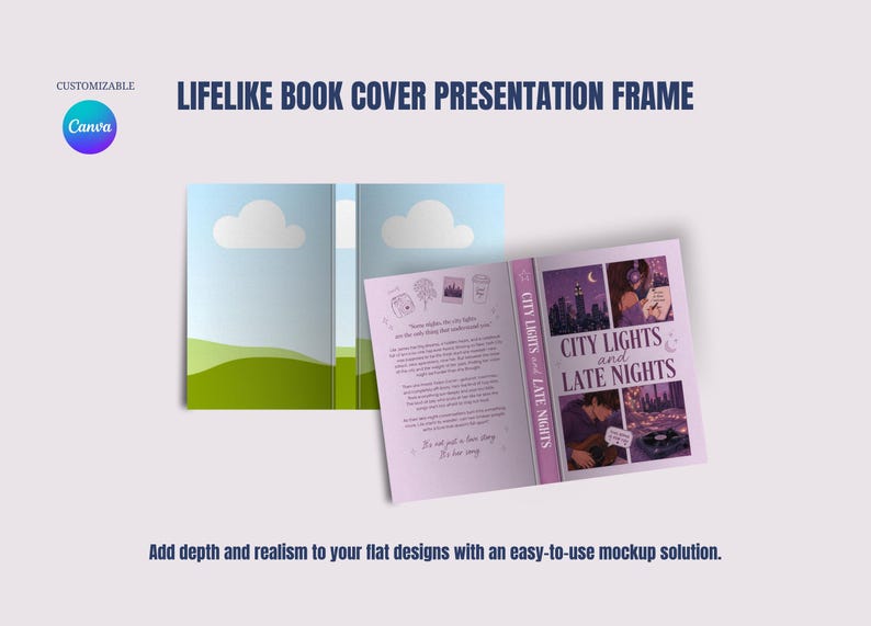 May include: A mockup of an open book with a cover design titled "City Lights and Late Nights." The book's pages show a landscape with clouds and green hills. The text "LIFELIKE BOOK COVER PRESENTATION FRAME" is displayed.