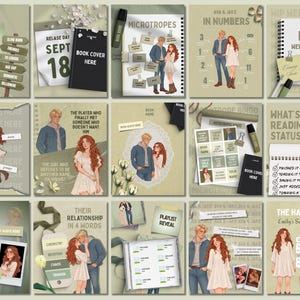 May include: A collection of fifteen digital social media templates featuring illustrations of a couple, book cover placeholders, and text elements like Microtropes, WIP Wednesday, and Reading Status, all presented in a cohesive muted green color palette.