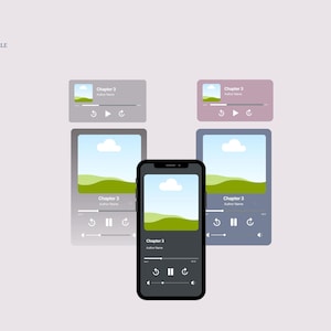 May include: A smartphone with a black frame displays a music player interface, surrounded by similar designs in gray and purple. The interface shows a landscape image, playback controls, and the text "Chapter 3". The Canva logo is in the upper left corner.