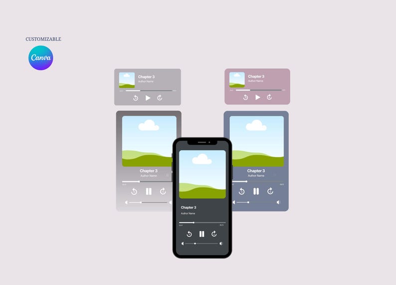 May include: A smartphone with a black frame displays a music player interface, surrounded by similar designs in gray and purple. The interface shows a landscape image, playback controls, and the text "Chapter 3". The Canva logo is in the upper left corner.
