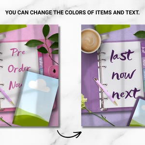 May include: Two ring-bound planners with customizable covers and text. The left planner is pink with the text Pre Order Now, and the right is purple with the text last now next. Both include a coffee cup, a pen, and a small landscape-themed notebook.