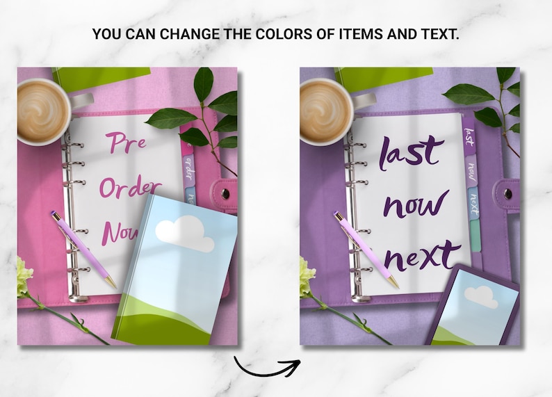 May include: Two ring-bound planners with customizable covers and text. The left planner is pink with the text Pre Order Now, and the right is purple with the text last now next. Both include a coffee cup, a pen, and a small landscape-themed notebook.