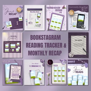 Op de afbeelding: Een digitale bookstagram leestracker en maandelijkse recap set met elf paarsgekleurde sjablonen. Elke afbeelding bevat illustraties van boeken, koffie, tablets en briefpapier met tekst zoals June Recap, Monthly Stats en Fav Quote.