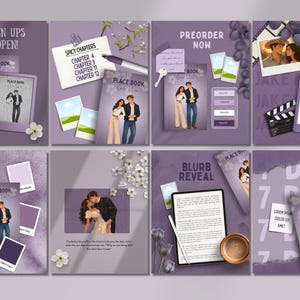May include: A collection of eight digital marketing graphics for a book titled Place Book, featuring purple backgrounds, illustrations of a couple, e-reader devices, polaroid-style photos, floral accents, text overlays, and coffee cups.