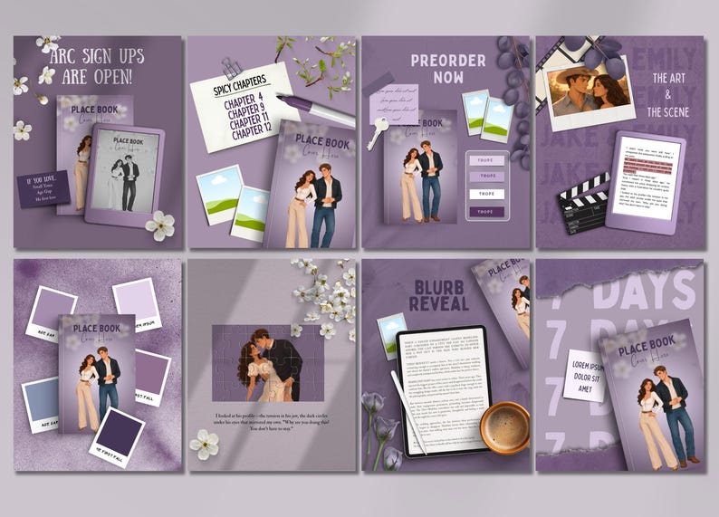 May include: A collection of eight digital marketing graphics for a book titled Place Book, featuring purple backgrounds, illustrations of a couple, e-reader devices, polaroid-style photos, floral accents, text overlays, and coffee cups.