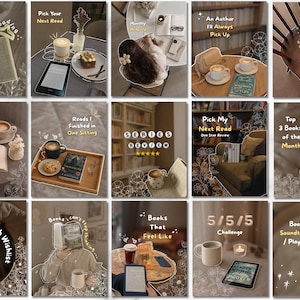 May include: A collection of lifestyle images featuring books, e-readers, coffee, and decorative elements. Each image has text overlays like "Current Reading," "Pick Your Next Read," and "Bookish Wishlist." The overall theme is centered around reading and book reviews.