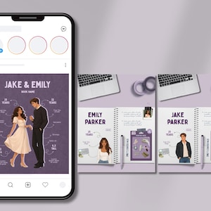 May include: A digital display showing a social media post with an illustration of a couple labeled Jake and Emily, alongside two open spiral-bound notebooks featuring character profiles for Emily Parker and Jake Parker with starter pack graphics.