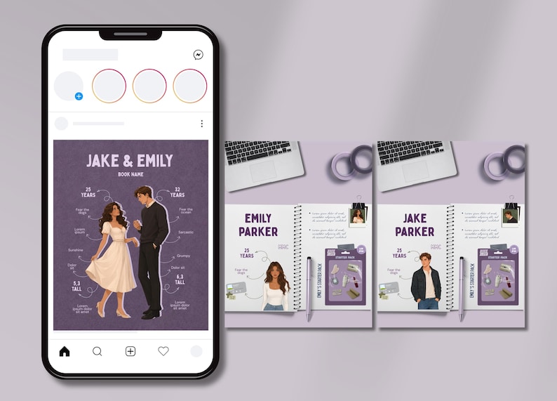 May include: A digital display showing a social media post with an illustration of a couple labeled Jake and Emily, alongside two open spiral-bound notebooks featuring character profiles for Emily Parker and Jake Parker with starter pack graphics.
